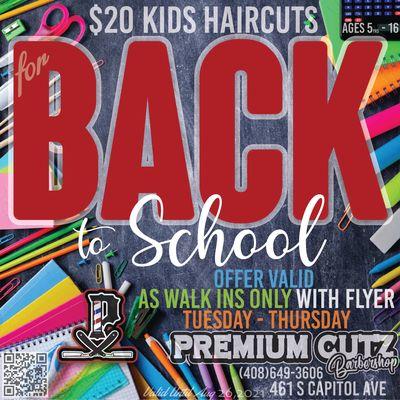 $20 Back to school Haircuts 
Walk ins Only 
Ages 5-16 
Tues-Thurs
May not combine with any other offer 
Valid until Aug26,2021