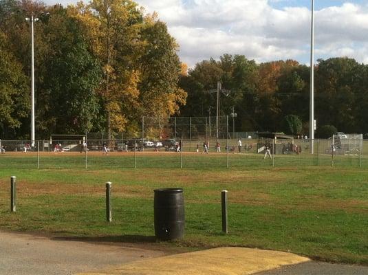 Two well-groomed baseball fields