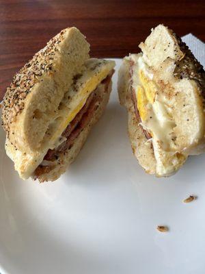 Pork roll egg and cheese on a bagel