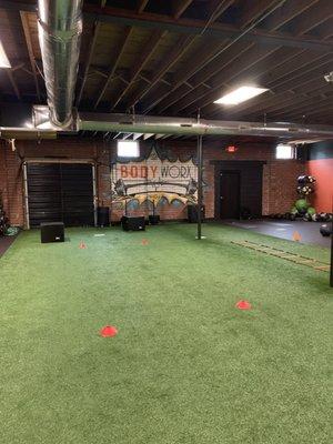 Turf, with boxes (for box jumps), sled