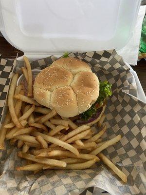 Cheese burger and fries to go :)