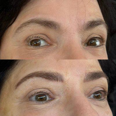 Before and after microbladed brows