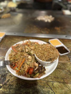 Chicken yakisoba with shrimp and  fried rice