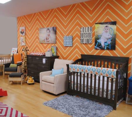 Chevron is such a trend in nurseries right now, so why not make a whole display wall in chevron?