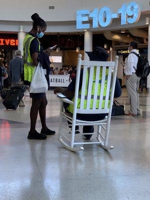 Employees using all the rocking chairs