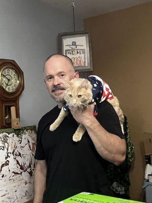 NOT adopted at Southern Arizona Cat Rescue because THEY WOULD NOT ALLOW ME TO ADOPT FROM THEM. Nuttall showing his 'Merica pride with daddy.