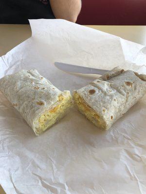 Potato, egg, and cheese breakfast burrito.