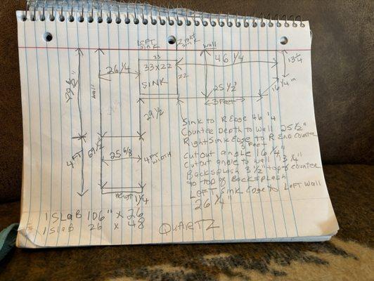 Kitchen counter diagram need one slab 106" x 26" and one slab 26" x 48" quartz