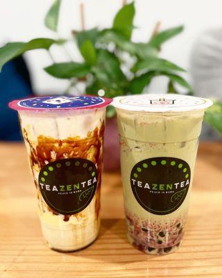 Creme Brûlée & Strawberry Matcha Latte w/ boba