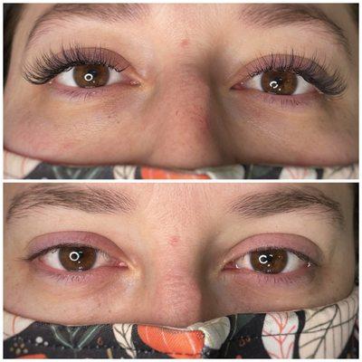 Before (bottom) & After (top) classic full set lash extensions.