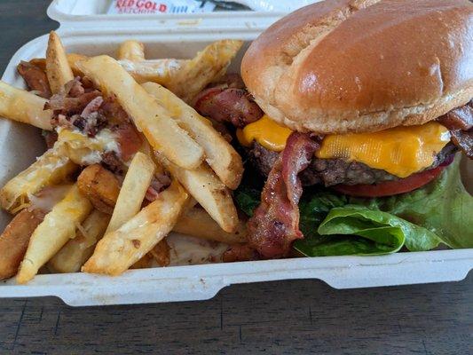 Bourbon Glaze burger with Fry Fix (addition of queso and bacon)