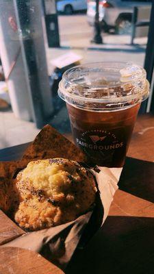 Lemon poppyseed muffin and Limitless Salted Caramel Cold Brew