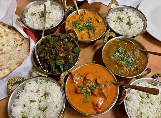 Mushroom Korma, Rogan Josh, Butter Chicken, Bhindi Masala