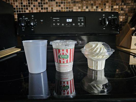 Comparison of large (?) Concrete, large (?) Vanilla custard and a small cup. The cup is an actual small size cup.