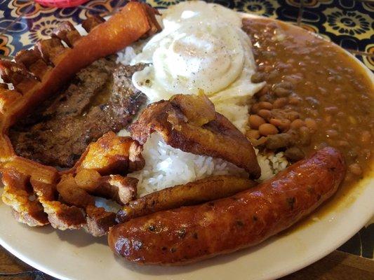 Columbian mountain plate.   Sausage yummy.  Steak good.   Plantain good .