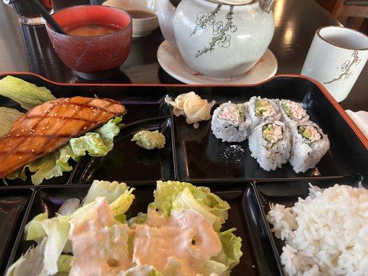 Salmon teriyaki with California roll.