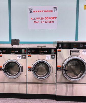 Large and XL washers that can hold up to 4 loads of laundry in the large washer and up to 6 loads in the XL washer.