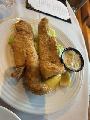 Large walleye fillets with light crispy batter.