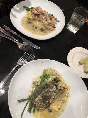 Sea Bass w/shrimp on lobster ravioli and Halibut on lobster ravioli both w lemon caper sauce