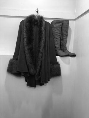 Grey faux fur cape grey suede boots