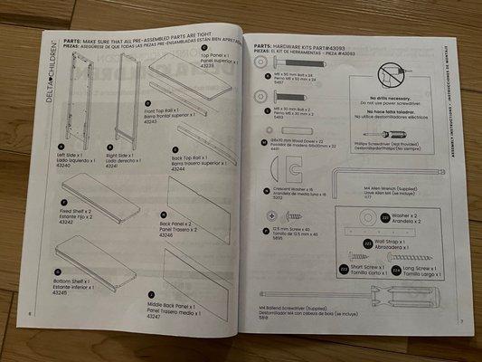 Instructions parts list for false advertised version. (Bookshelf only no adjustable shelf)