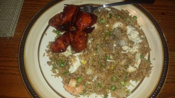 Orange chicken(not much gravy) with deluxe fried rice