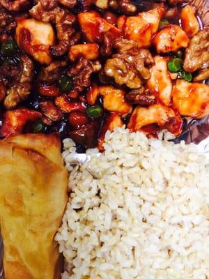 Chicken with Honey Walnuts, Brown Rice and a Spring Roll.