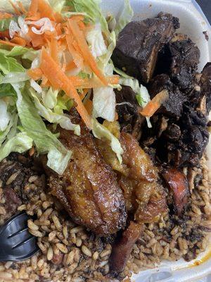 Stew Chicken, Plantains, Salad, rice and peas.