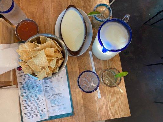 Cheese dip large. Chips. Frozen pitcher. And salsa.