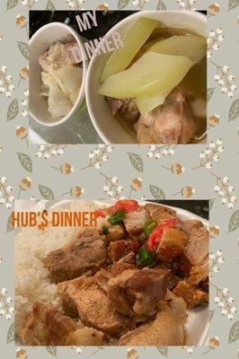 Dinner 3-22-22 chicken & squash and beef with cabbage and Lechon & pork adobo