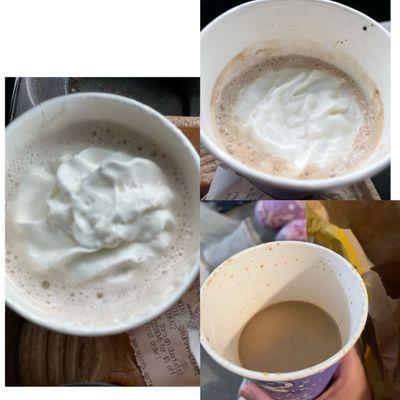 Small hot chocolate (L)  large mocha (R) before and after 1 sip. Disappointed