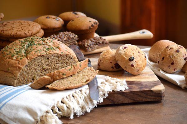 Sage & Thyme Stuffing Bread, Pumpkin Chocolate Chip Muffins, Cranberry Orange Muffins, Ginger Cookies, Pecan Pie Bars