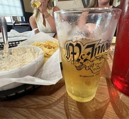 Cold beer a great compliment to the Potato chip basket with Classic French Onion Dip.