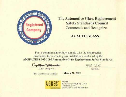 We are an AGRSS Registered Company.  Find out the importance of using an AGRSS shop at safewindshields.org