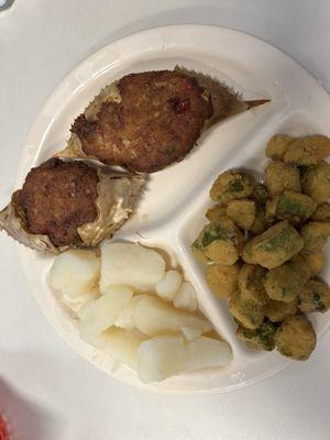 Deviled crab, boiled potatoes, fried okra