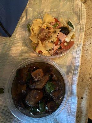 Marinated mushrooms and pasta salad from deli counter