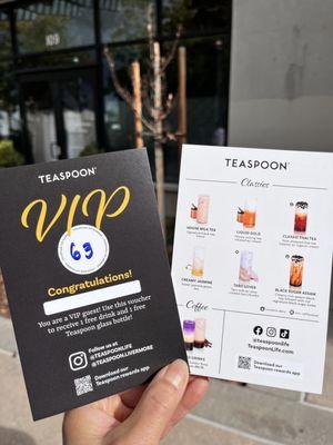 VIP to get a free drink & Teaspoon tumbler. Menu options