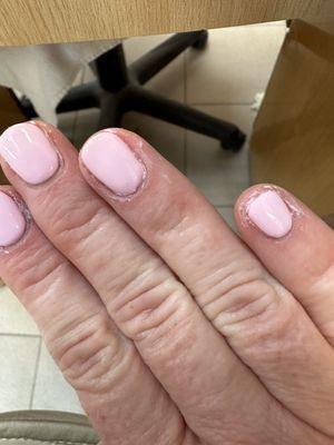 My nails just after she finished my gel manicure.  She said I can peel the excess polish off. 8/6/23.