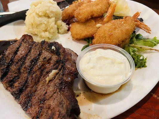 Steak and fried Shrimp