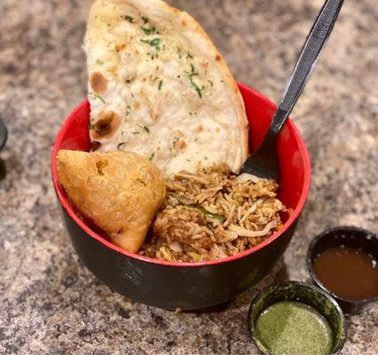 Garlic Naan, Burnt Chili Garlic Chicken Fried Rice and Samosa