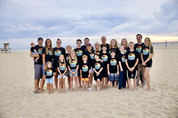 These are the amazing shirts they made us 
 for our family reunion at Newport Beach.