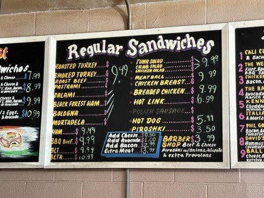 Regular sandwiches menu