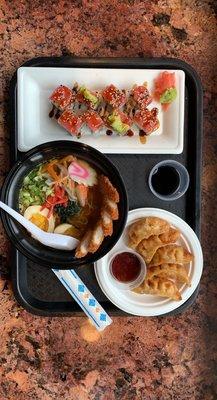 5 Gyoza Pork Dumpling, Tuna Tuna Roll, and curry ramen topped with chicken katsu