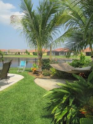 Swimming pool landscape, tropical landscape, landscape with hammock & Coconut palm shade  www.universaldevgoup.com