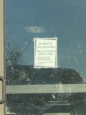 Eldric's is closed till 31 Jan.