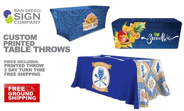 Check out our custom printed table throws. Various sizes available. Different styles which include Free Ground Shipping.