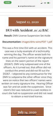 DMV set aside on a DUI. Client got to keep his driver's license.