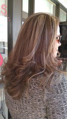 3 color hi lite  , long layered (fall browns) soft curled ends