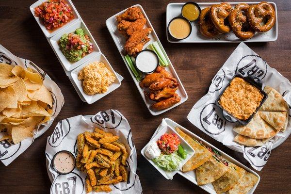 Fried Pickles, Das Pretzels, Quesadillas, Tortilla Chips 3-ways, Buffalo Chicken Dip, and Wings