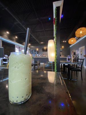 Matcha boba milk tea blended